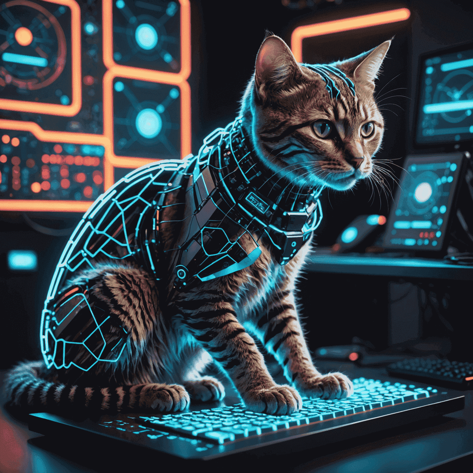 Eine futuristische Katze, die auf einer holografischen Tastatur tippt, umgeben von Quantenschaltkreisen und Neonlichtern