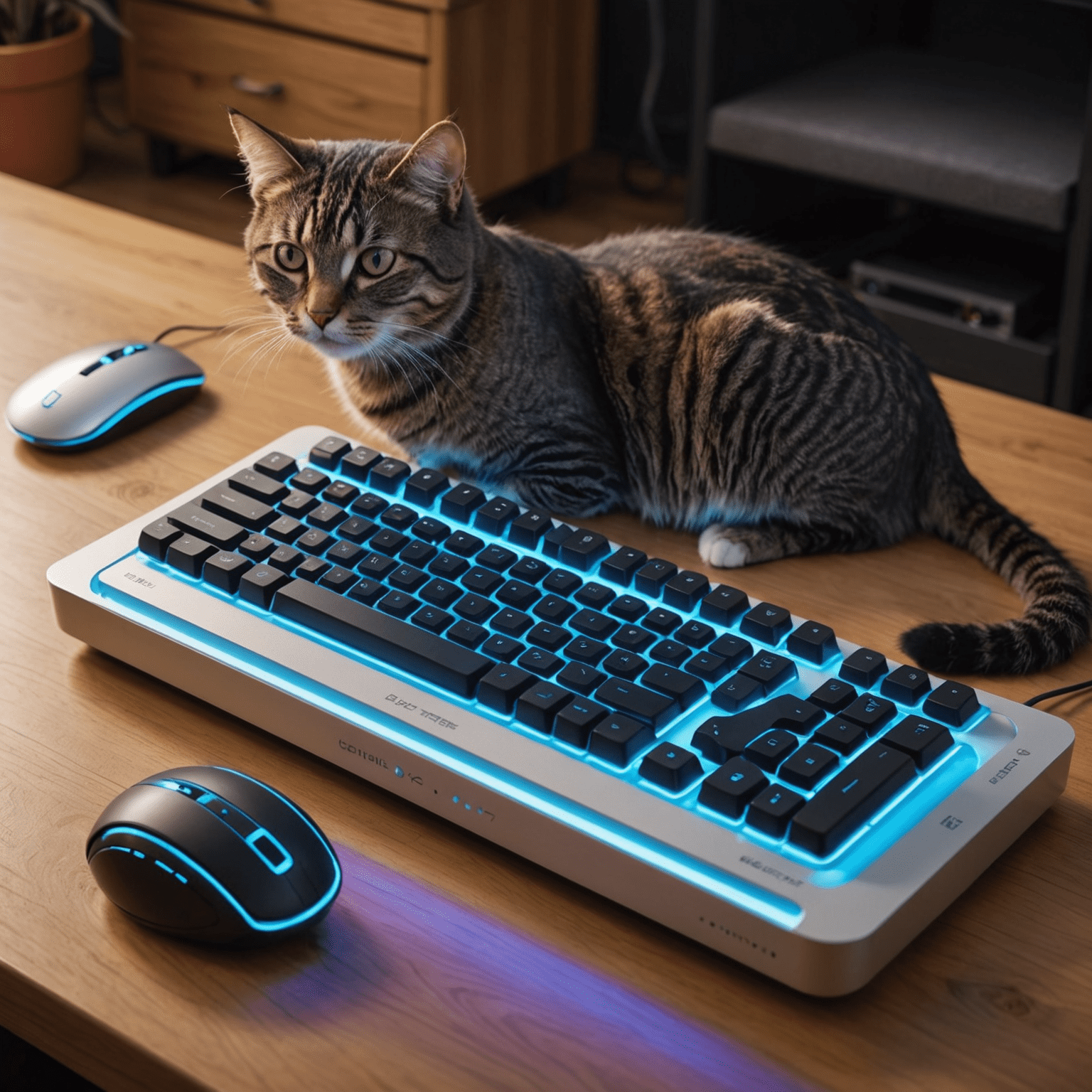 Eine futuristische Tastatur mit ergonomischem Design für Menschen und integriertem Katzenspielzeug. Die Tastatur leuchtet in Neonfarben und hat weiche, katzenfreundliche Oberflächen.