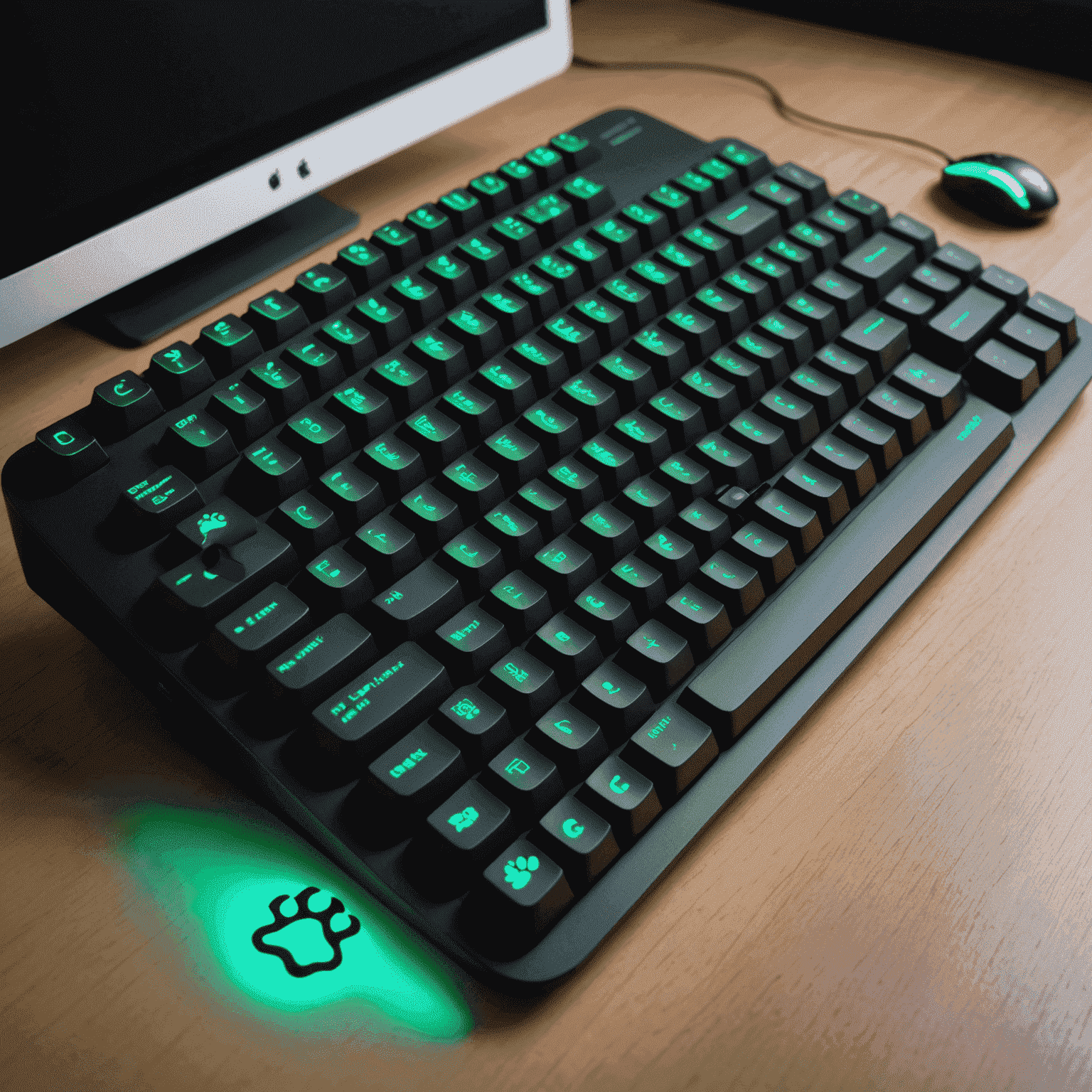 Eine futuristische Tastatur mit ergonomischem Design für Katzen und Menschen, mit leuchtenden neongrünen Tasten und holografischen Katzenpfotenabdrücken