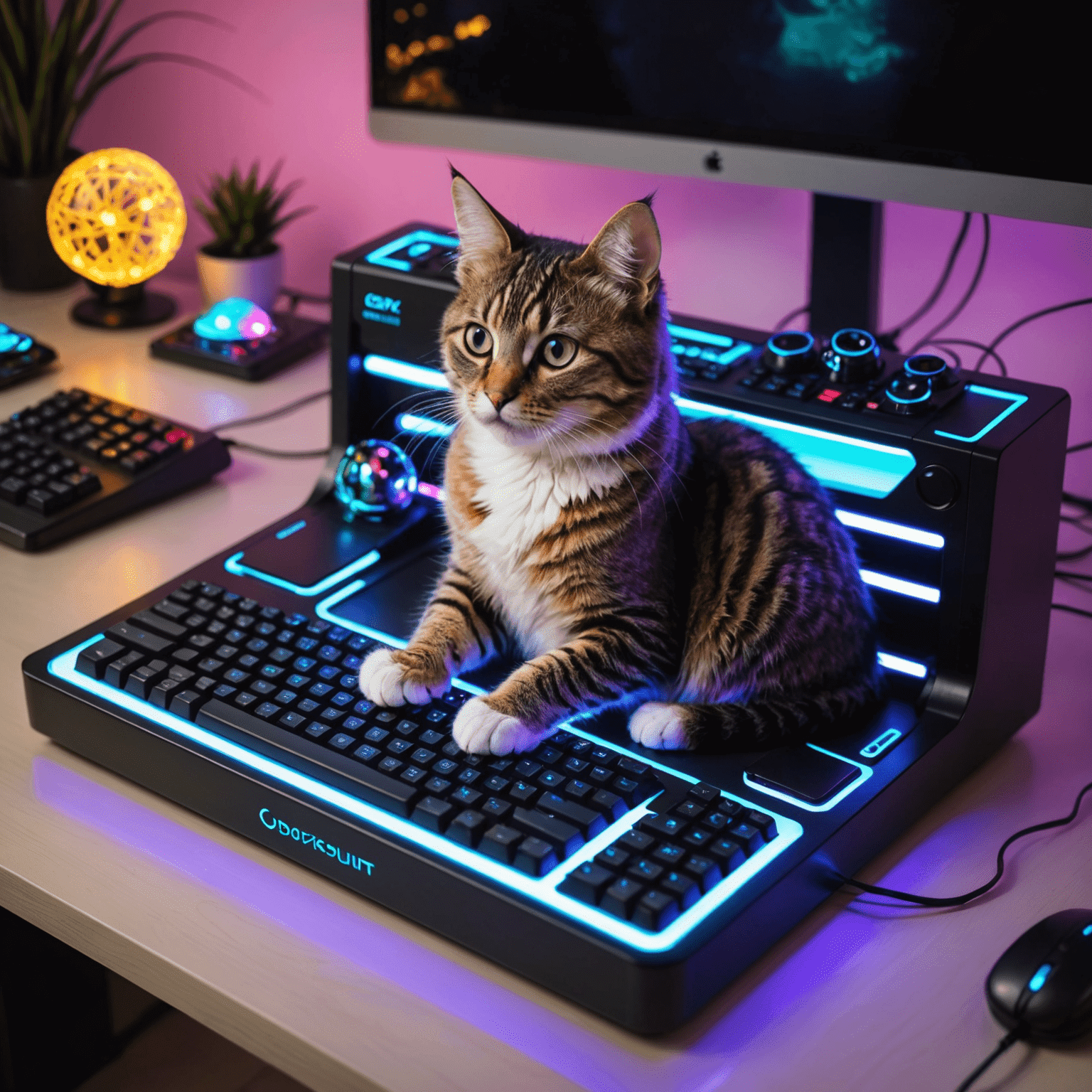 Futuristische Tastatur mit eingebauter Katzenliegefläche, umgeben von holografischen Katzenspielzeugen und Neonlichtern