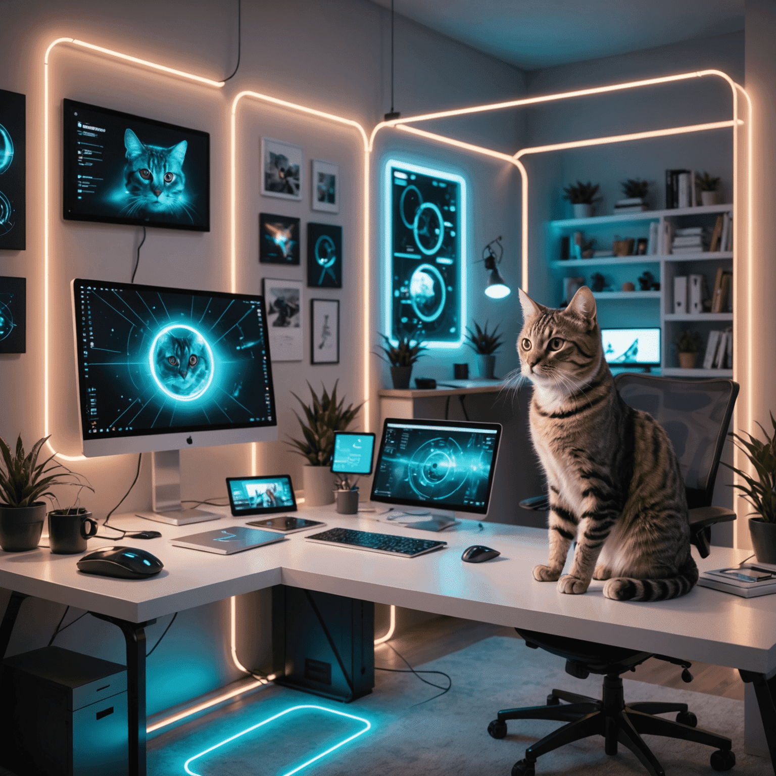 Futuristische Heimbüro-Einrichtung mit holografischen Displays und einer Katze, die vorsichtig zwischen katzensicheren Kabeln navigiert