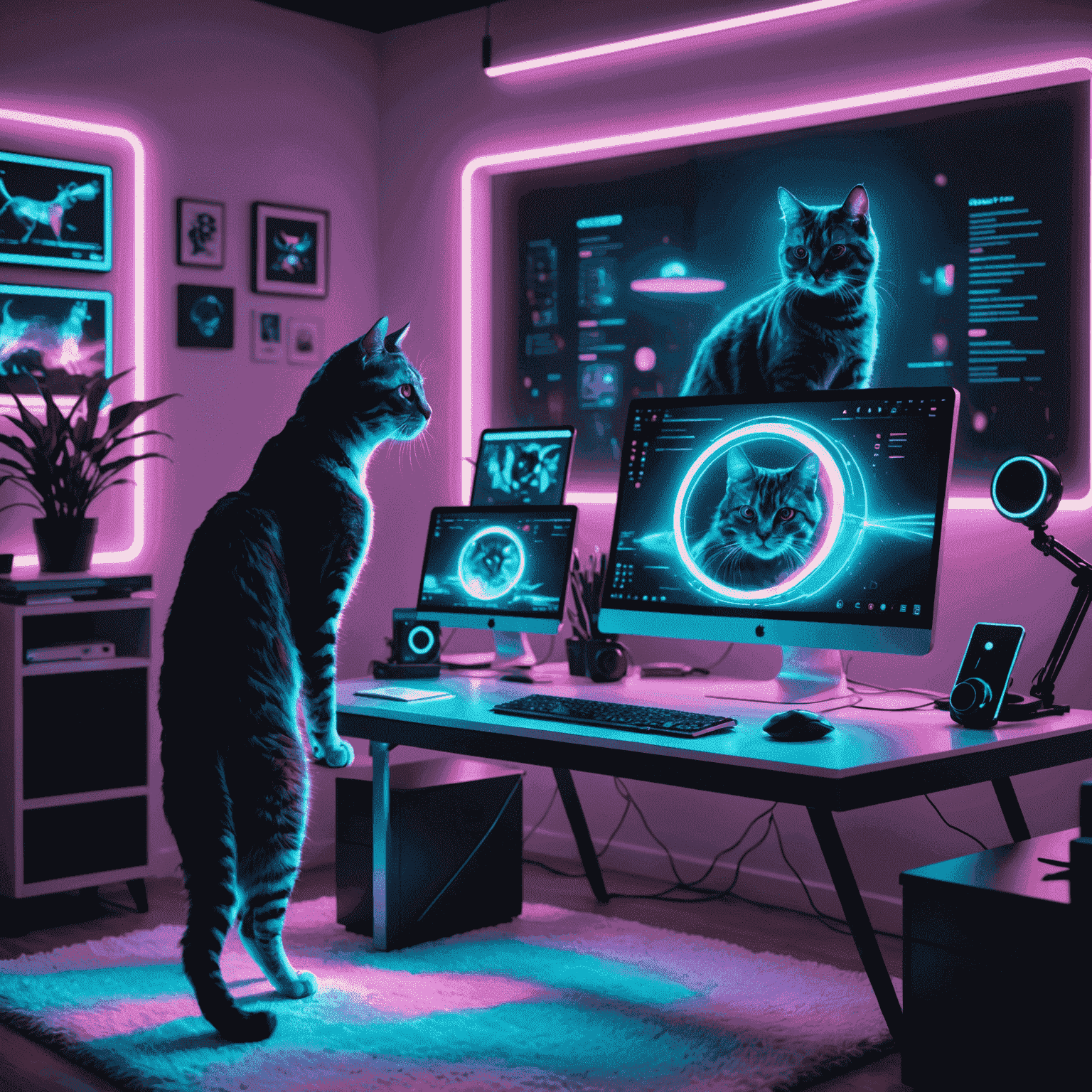 A futuristic home office setup with holographic screens and a cat walking across the keyboard, neon lights reflecting off its fur