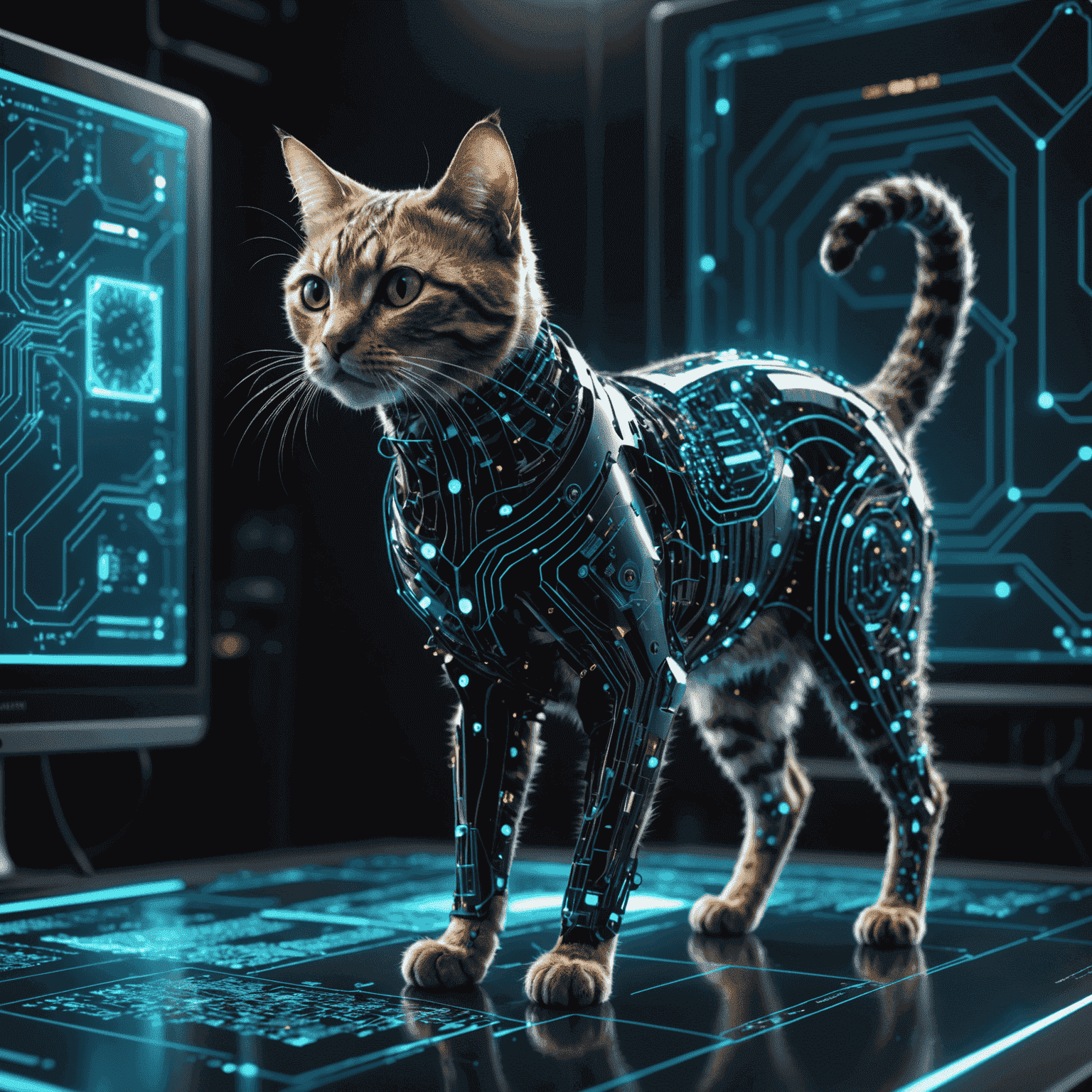 Eine futuristische Darstellung einer Katze, deren Silhouette aus Datenströmen und Schaltkreisen besteht, vor einem Hintergrund aus Quantencomputern und holografischen Displays