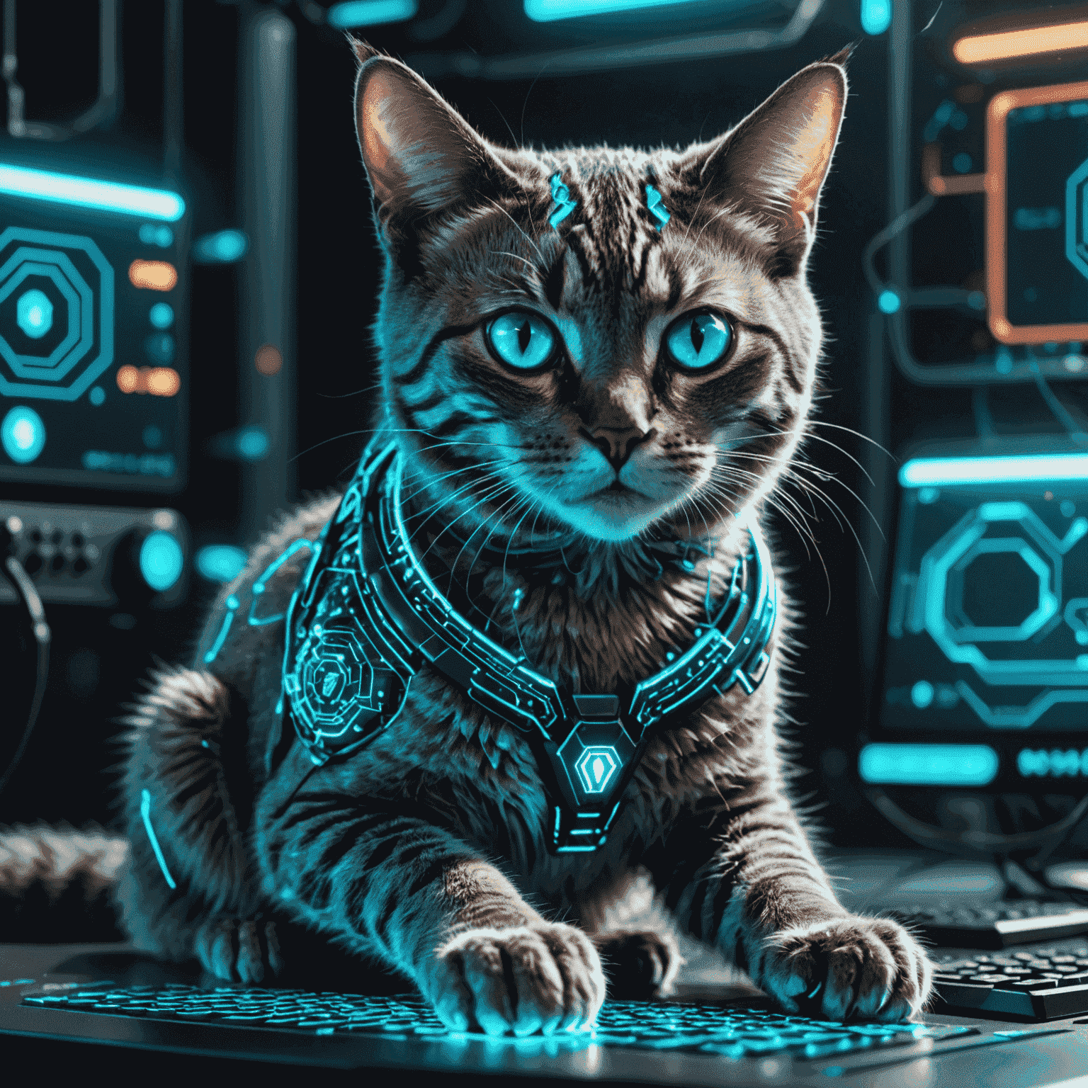 A futuristic cat with glowing cyan eyes sitting on a holographic keyboard, surrounded by floating digital security symbols and neon circuit patterns