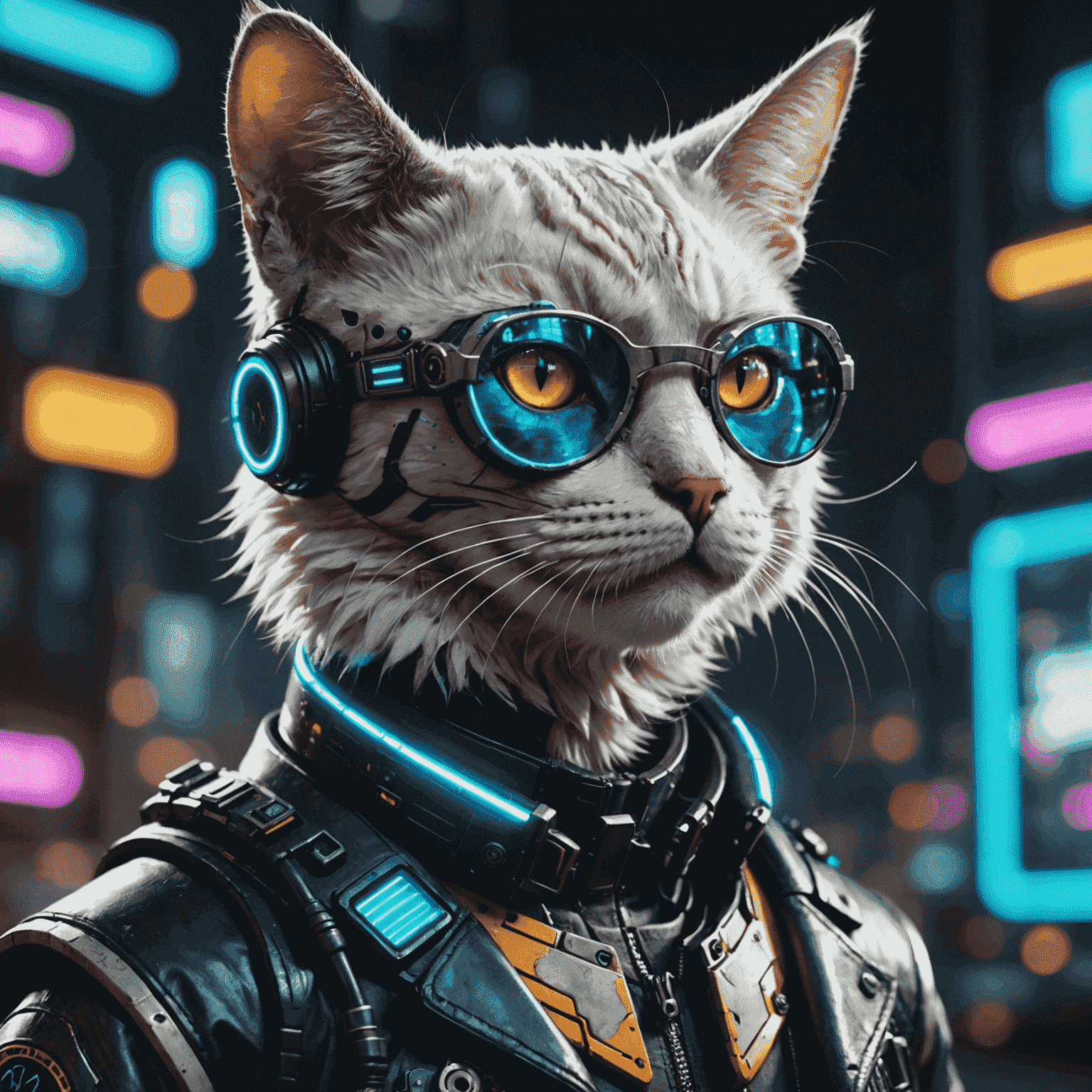 Ein Cyberpunk-Katze mit Neon-Brille und holografischem Halsband