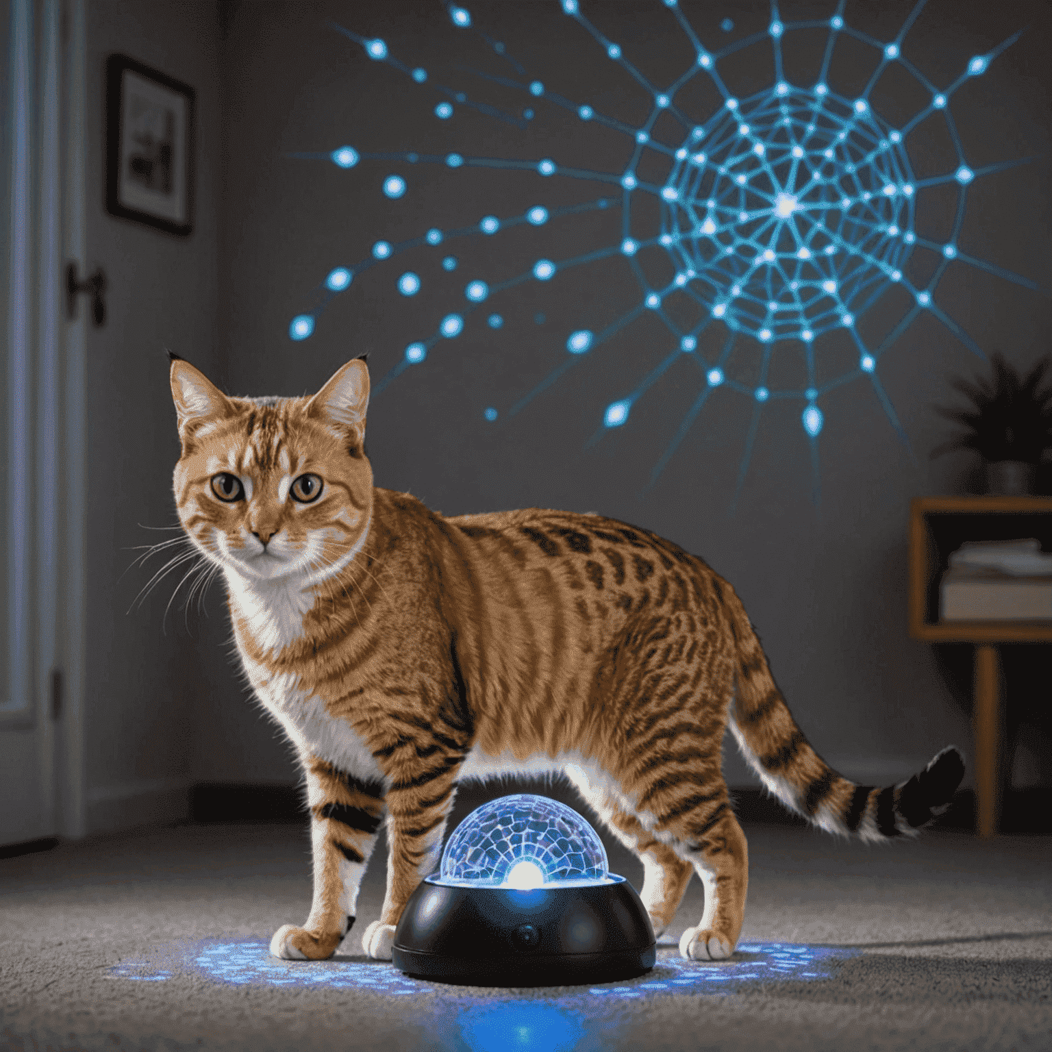 A holographic cat toy projecting interactive light patterns, with a real cat pouncing on the projections