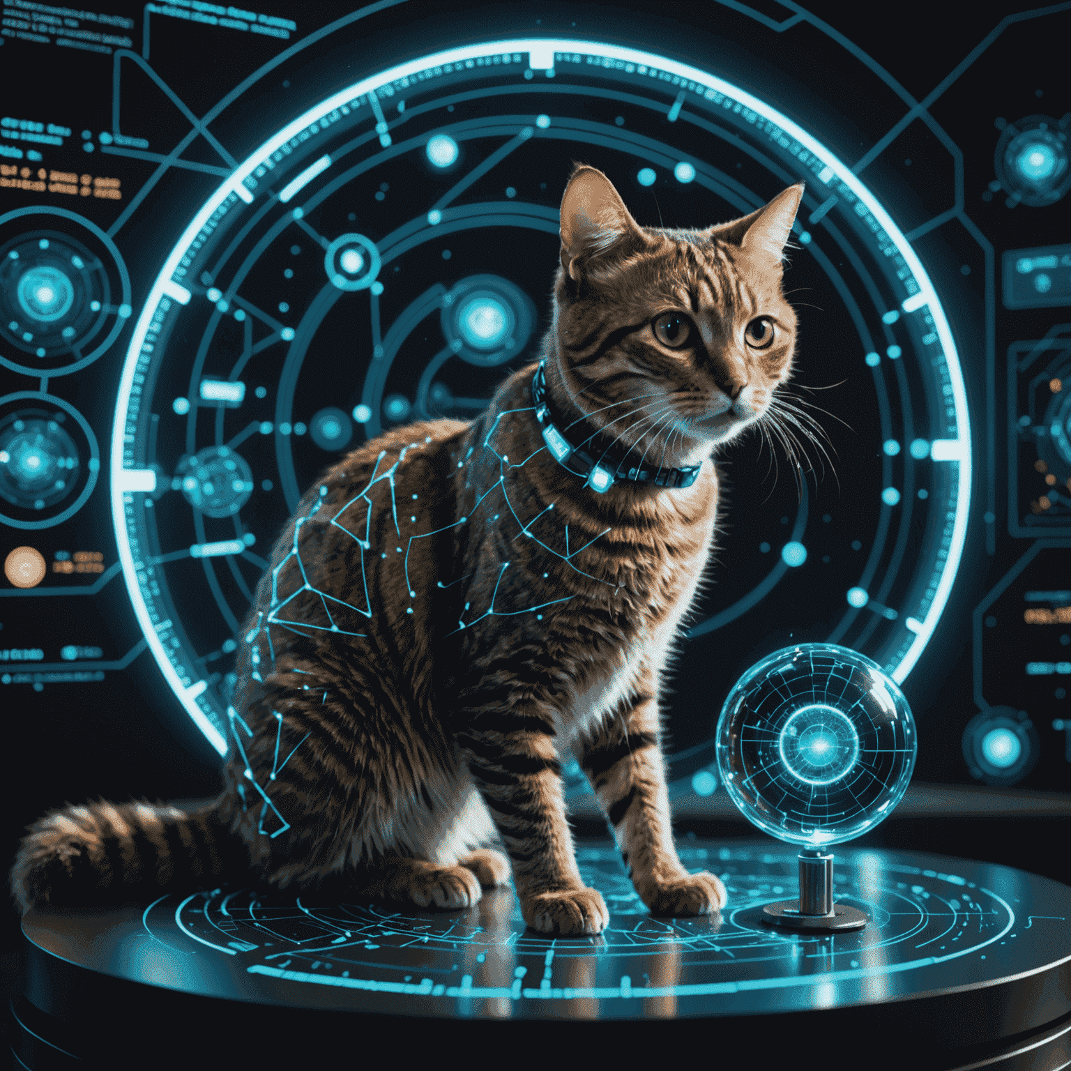 Eine holografische Projektion einer Katze, die mit einer komplexen, futuristischen Benutzeroberfläche interagiert, umgeben von schwebenden Datenpunkten und Quantenschaltkreisen