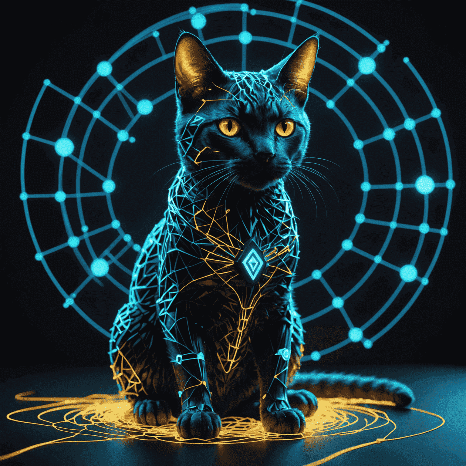 Eine stilisierte, neon-leuchtende Katzensilhouette, die über einem komplexen Netzwerk aus Datenleitungen und Sicherheitssymbolen wacht, symbolisiert den ultimativen Cyber-Catslap Verteidiger