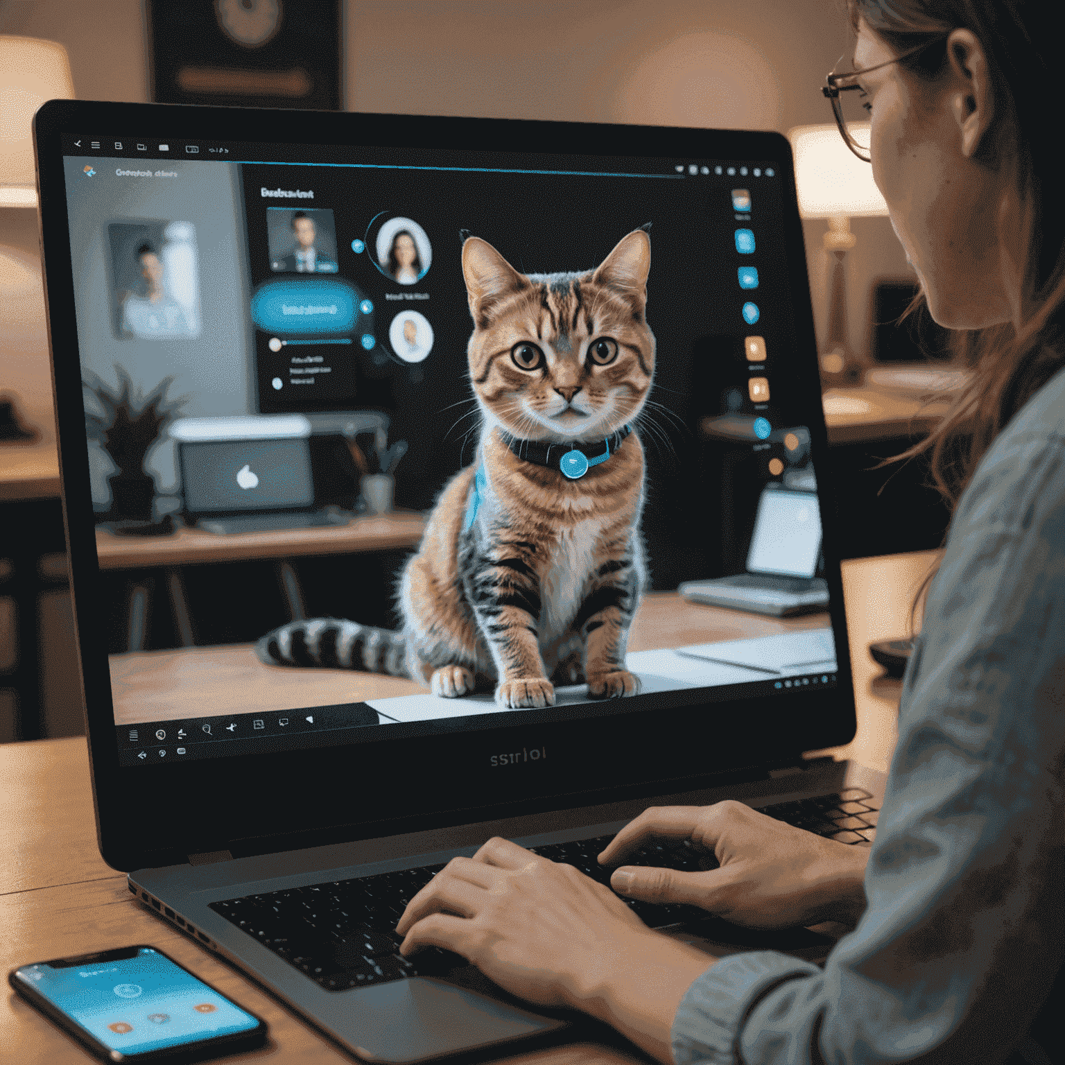 Ein holographischer Bildschirm zeigt einen Videoanruf, bei dem eine Katze elegant über die Tastatur läuft. Der Benutzer lächelt und hält die Katze sanft, während er professionell aussieht.