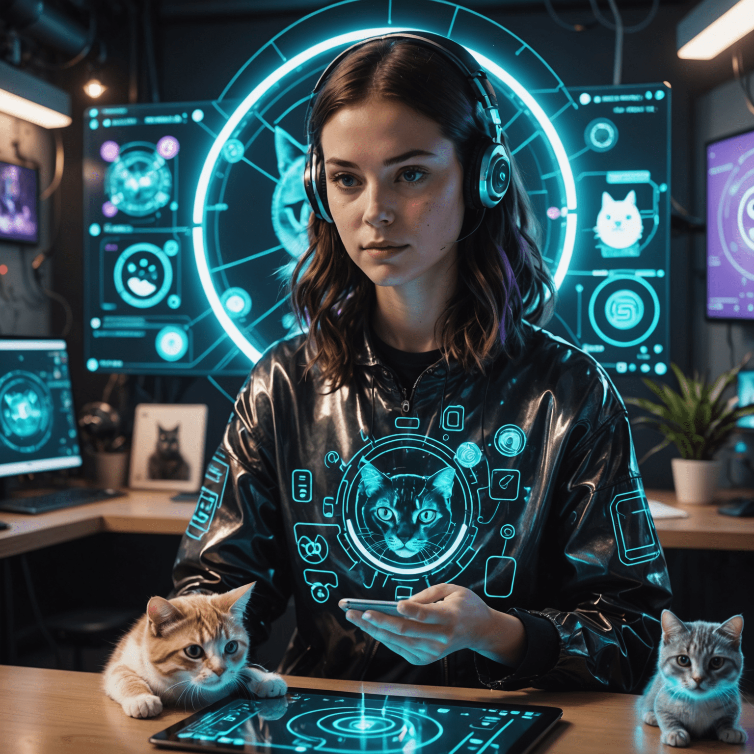 Ein holografisches Videoanruf-Interface mit einer Person, die eine Katze hält, umgeben von schwebenden Cyberpunk-Symbolen