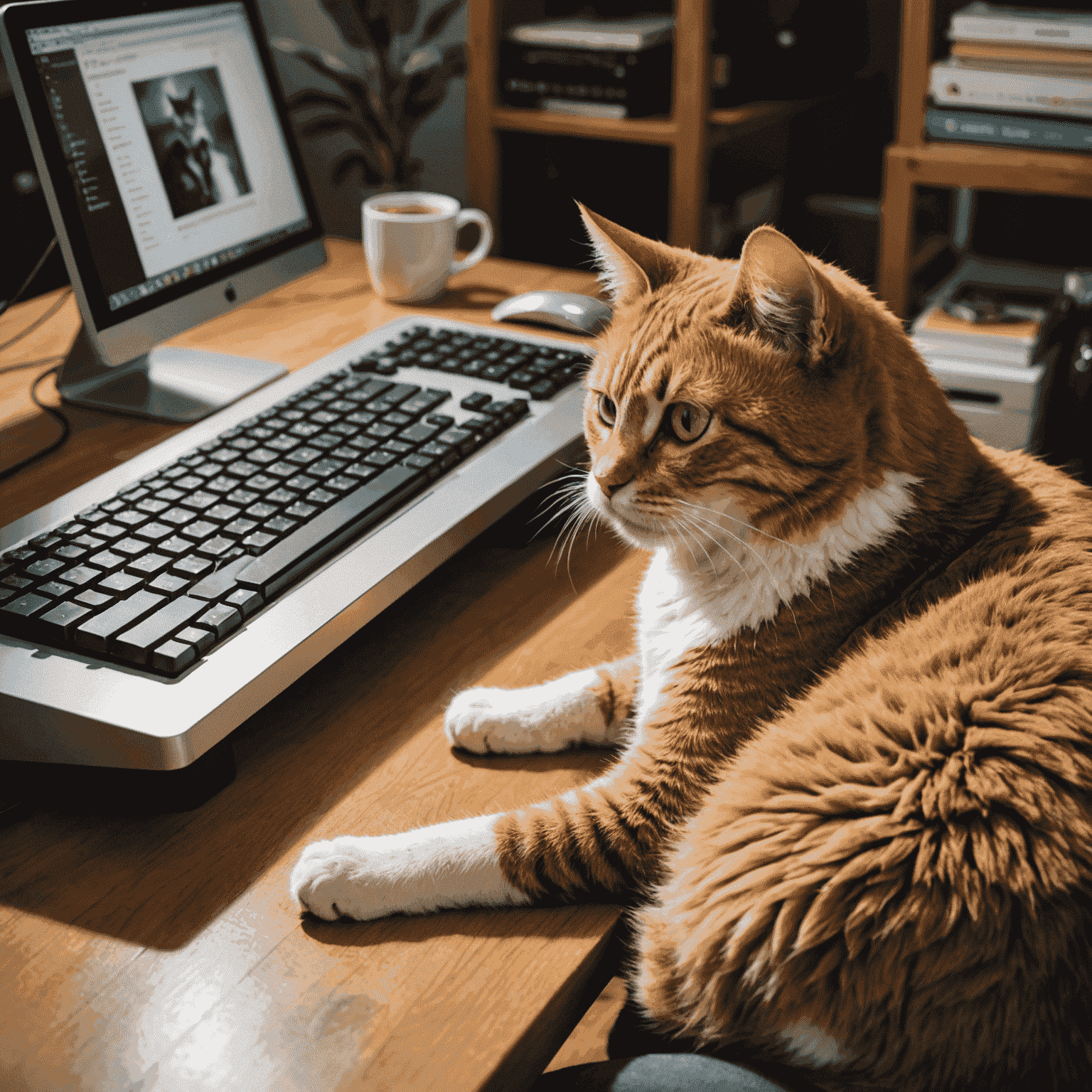 Mensch, der auf der Tastatur tippt, während eine Katze daneben entspannt liegt