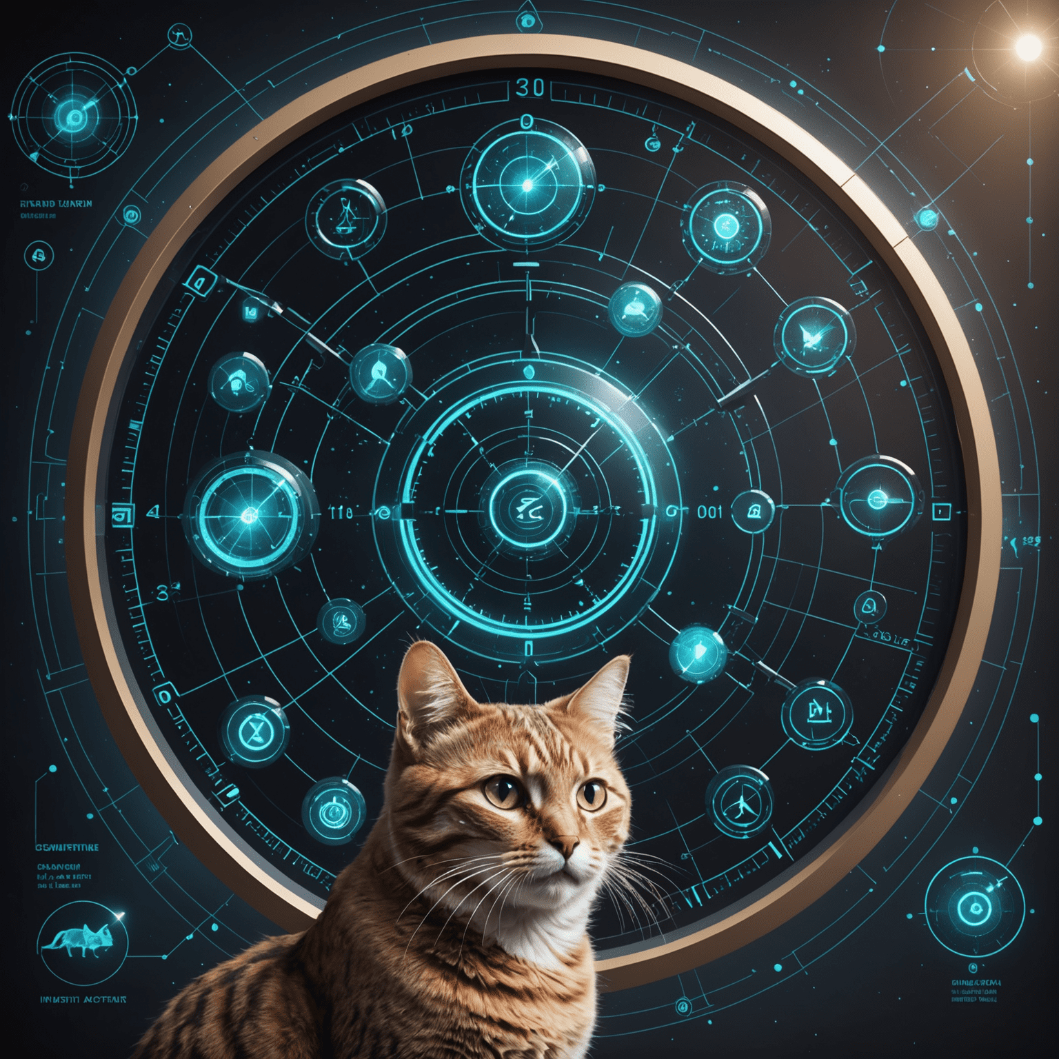 A futuristic scheduling interface showing intertwined human work patterns and cat activity cycles, with quantum symbols floating around