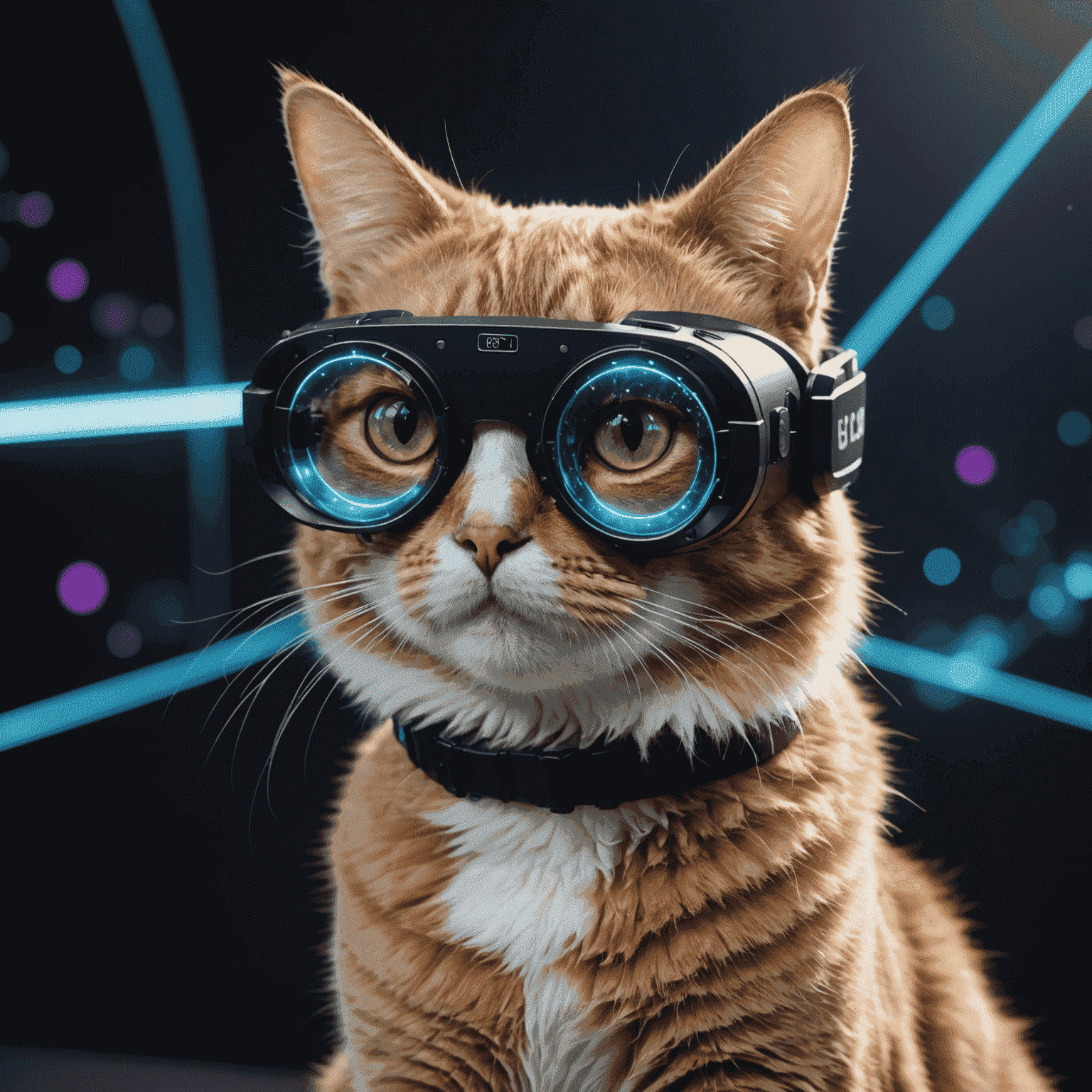 Eine Katze, die eine VR-Brille trägt und mit holografischen Daten interagiert